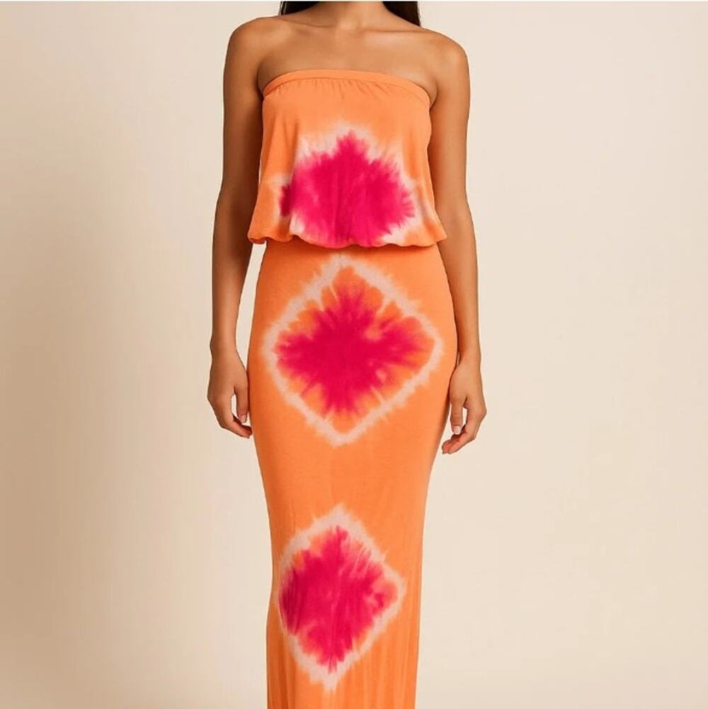 Young Fabulous & Broke Strapless Tie Dye Maxi Dress Womens XS Orange Pink Jersey
